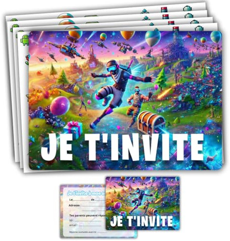 roxisha - Set di 10 biglietti d'invito compleanno a tema Fortnite + buste - Ragazzo e adolescente - cartolina 10,4 x 14,8 cm - preriempite in francese - Ideale per festa e festa di compleanno
