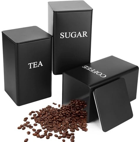 smtfcty Tea Coffee Sugar Canisters 1000ML 3 Pack Storage Canister Set, Metal Canister Storages Jar Container Set With Airtight Lid, Decorative Storage Tins for Home Kitchen (Black)