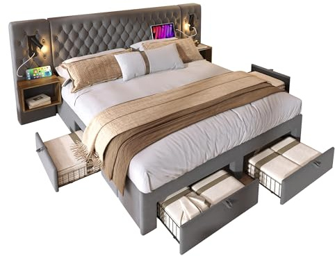 Bettanlage Schlafzimmer Komplett Set,Polsterbett Doppelbett 160×200 cm mit 2 Nachttischen &4 Schubladen, Kopfteil Leselicht mit USB Ladefunktion, Beige, Samt (Ohne Matratze) (Grau, 160×200cm)