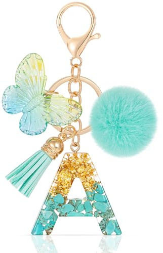 MWOOT Initiale Letter Keychains Porte Clé Lettre A,Alphabet Initial Keyring avec Papillon Pompon Pendentif,Vert Feuille D'or Key Ring pour Femmes Portefeuilles Sac à Main Bagages Charme (A)