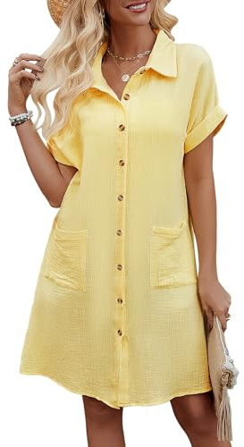 Niwicee Robe Boheme Chic et Elegant de Plage Col V Short Manches Courtes Button Down Chemise avec Poches