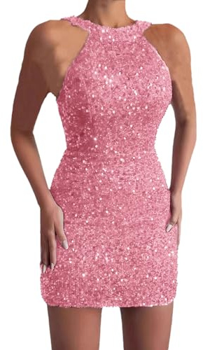 Duohropke Vestido de lentejuelas para mujer, corte ajustado, sin mangas, cuello halter, elegante, vestido corto, sexy, vestido envolvente, boda, fiesta, vestido de noche, Rosa., M