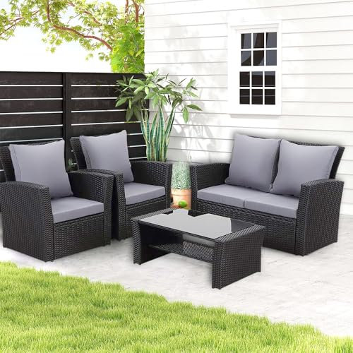 LCLibroCam Rattan Gartenmöbel Set 4 Personen, Rattanmöbel Garten Wetterfestes, Terrassenmöbel außen Balkon Möbel, Gartenlounge Möbelsets Beistelltisch Rattanstühle mit Couchtisch aus Glas und Kissen