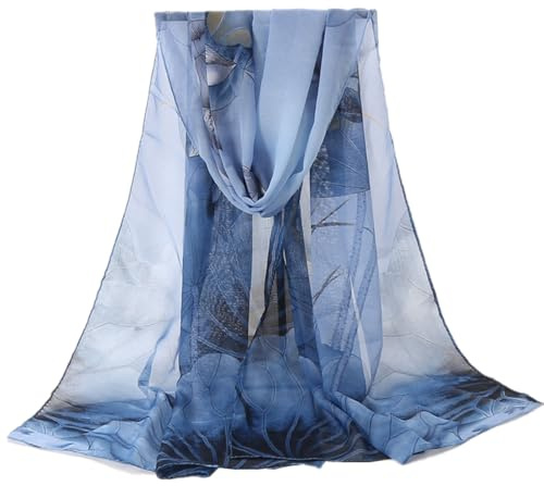 SamHeng Women Floral Chiffon Scarf Lightweight Fashion Flower Leaf Print Scarves Long Shawl Wrap Sheer Neck Scarfs Sunscreen Head Scarf Multi-use Scarves for Ladies Spring Summer Autumn (Blue)