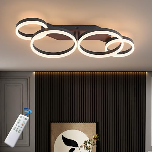 Meloweel LED Deckenleuchte Holz dimmbar, Walnuss schwarz 4-Runde Modern Wohnzimmerlampe, 48W 80cm 4800lm 3000-6000K mit Fernbedienung Schlafzimmer lampen, Memory-Funktion, 5W Nachtlicht