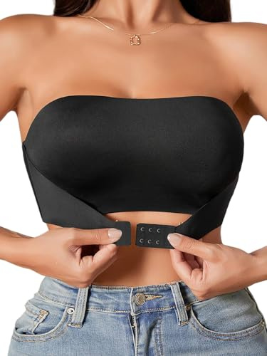 Sexy Code 1701 Women's Seamless Strapless Bandeau Bra Front Buckle Women Non Padded Stretchy Top Tube Bras Wireless Bralettes(D452-new,Black,L)