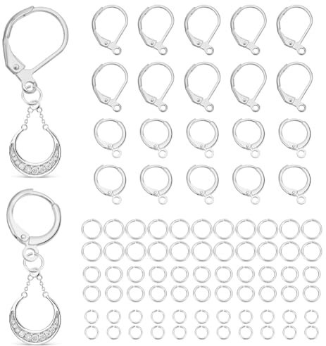 WADORN 50 paio di Orecchini A Leva e Anelli di Congiunzione In Ottone Da 4mm, 5mm e 6mm, Ganci per Orecchini A Cerchio Rotondi Francesi Placcati In Argento Sterling, Intercambiabili