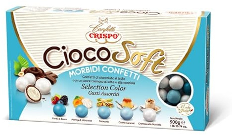 CiocoSoft Morbidi Confetti di Cioccolato al Latte CELESTI ai Gusti Assortiti Frutti di Bosco, Meringa & Albicocca, Pistacchio, Crème Caramel, Cremoso alla Nocciola per Crispo 900g