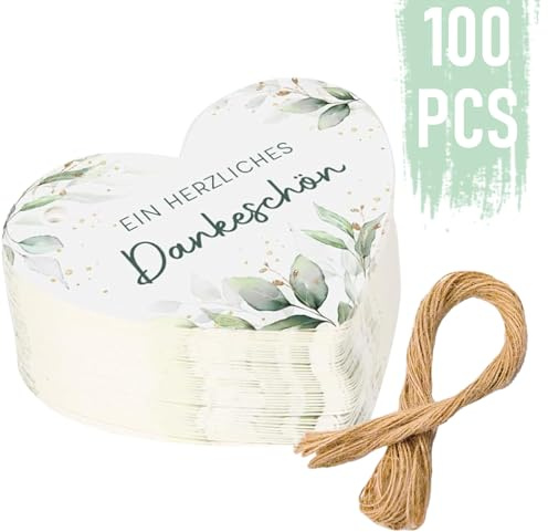 50 Stück Dankeschön Geschenke Anhänger, 5CM Herzförmige Papieretiketten mit 10m Juteschnur, Herz Eukalyptus Tags für Hochzeit, Geburtstag, Babyparty, Taufe, Gastgeschenke (100)
