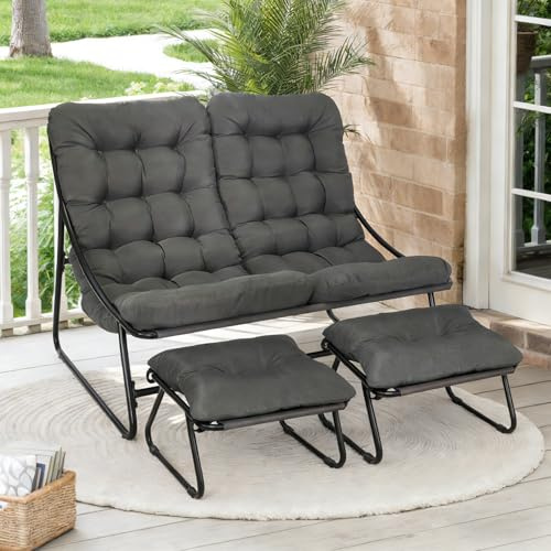 Cozykimo Tumbona doble para exteriores para 2 personas, tumbona de jardín extra alta con cojín de 7 cm de grosor, tumbona de jardín extraancha, tumbona para exteriores, tumbona con reposapiés