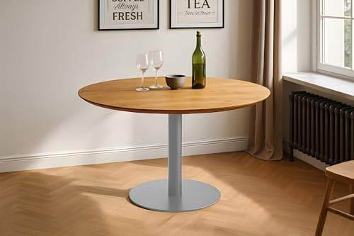 SAM Runder Bistrotisch Brasilian | 100 x 100 cm | Eichenholz massiv | Wildeiche geölt | Schweizer Kante | Säulen-Gestell Metall Silber | Holztisch/Säulentisch/Esstisch für Küche & Café