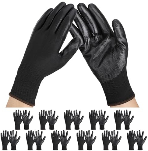 Einfa Guantes de Trabajo Grande - Guantes Negros Nitrilo 12 Pares (24 Piezas) - Talla 9 L 24cm Recubierto de Nitrile para Mecanico Taller Protectores - Guante Trabajo Mujer Hombre Jardinería