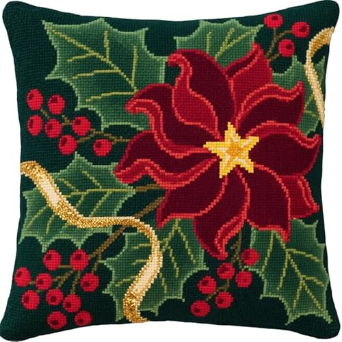 Henypt Kit de Almohadones con Cierre de Gancho flores de Navidad Kit De Cojines De Pestillo 43X43cm Funda de Cojín para Sofá, Latch Hook Manualidades Kits