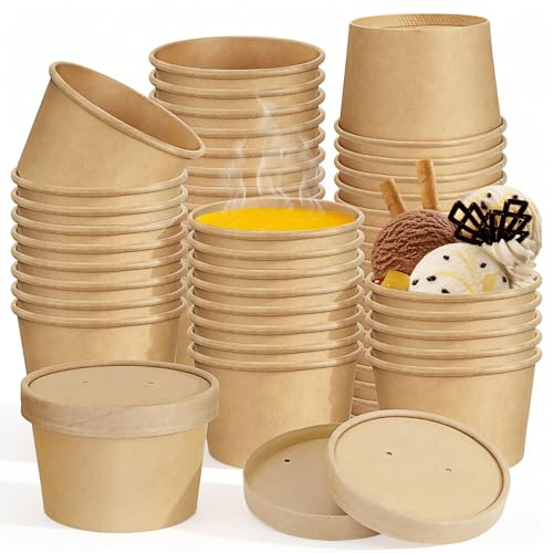 Kaxtde 100 Stück Papier Suppenbehälter mit Deckel, 240 ml Pappe Suppenbecher To Go, Pappbecher Suppenschüssel für Salat Eis Nachtisch Vorspeisen(Braun)