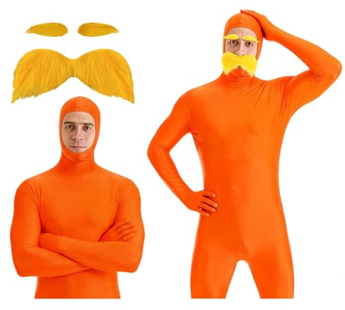 Générique Costume Lorax, Déguisement Le Lorax Orange, Combinaison Intégrale Unisexe Orange avec Fausses Moustaches et Sourcils, Idéal pour Fête, Carnaval, Halloween