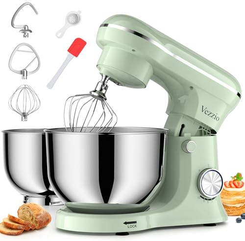 Vezzio Stand Mixer with 5QT+6QT Dual Bowls, 10-Speed Electric 1500W Food Mixer - Includes Egg Whisk, Dough Hook & Flat Beater for Home Baking & Daily Cooking (Green)