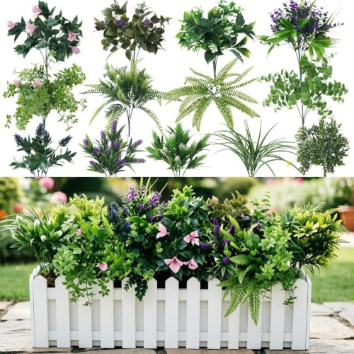 Laelfe Konstgjorda växter och blommor för utomhusbruk, 13-pack | UV-beständig med 5 000 timmars testning, plast falska växter buskar utomhus veranda trädgård blomkruka
