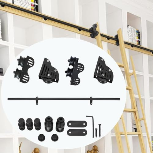 Kit de hardware de escalera de biblioteca rodante telescópico - deslizamiento con rodillos de piso para almacenamiento vertical, sin ocupar espacio de piso - fácil de instalar,10ft/3m Track Kit