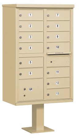 Cluster Box Unit with 13 Doors and 1 Parcel Locker in Sandstone – Type IV, for use with The USPS Lock