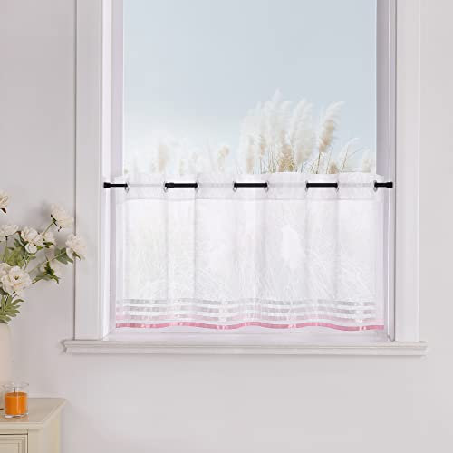 Yujiao Mao 1er Pack Voile Scheibengardine mit aufgenähten Satinbändern Ösen Küchen Vorhang HxB 45x90cm, Pink