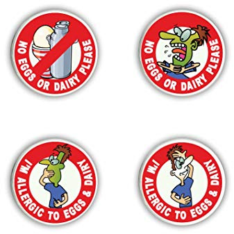 Al’s Allergy Alert Patches, Pin Badges & Stickers - Allergic to Eggs & Dairy- The Designs are Fun and Bright but get The Important Message of Food Allergy Across. (No Eggs & Dairy - Pin Badges x 4)