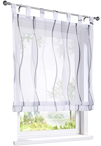 ESLIR Raffrollo mit Schlaufen Gardinen Küche Raffgardinen Transparent Schlaufenrollo Vorhänge Mit Wellen-Druck Modern Voile Grau BxH 60x140cm 1 Stück