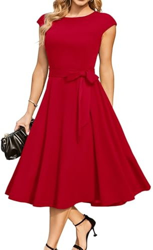 DRESSTELLS Abito da tè Vintage per Donne, Abiti da Cocktail Party Anni '50, Abito da Damigella d'Onore Modesto per Matrimonio, Abito da Ballo in Forma, Abito da Lavoro Casual Aline Rosso S