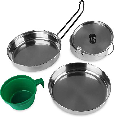 Storfisk fishing & more Edelstahl Camping Kochgeschirr Set für 1 Person (Pfanne mit Klappgriff, Kochtopf mit Deckel, Teller, Kunststofftasse)
