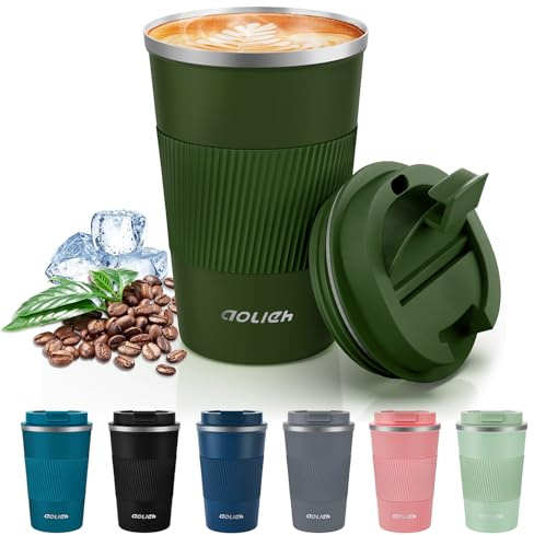 Aolieh Travel Mug 380 ml, Insulated Coffee Cup with Lid, Reusable Stainless Steel Thermal Cup for Coffee, Tea & Cold Drinks, Leak-Resistant Double-Walled Travel Mug, Green