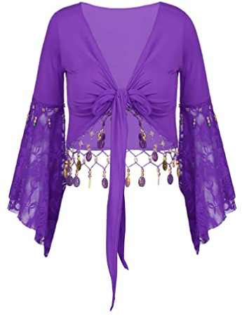 TiaoBug Damen Bauchtanz Kostüm Oberteil Langarm Spitzen Trompetenärmel Jäckchen Binden Top Knoten Shirts Bluse mit Münze Quasten Dunkel Lila L