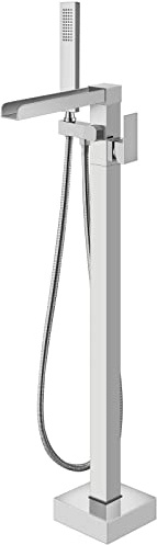 Aolemi Freestanding Bathtub Faucet Floor Mount Tub Filler Single Handle Brass Standing Bathtub Tap with Handheld Spray Swivel Right Angle Waterfall Spout Polish Chrome