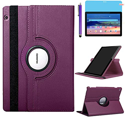Hülle für Huawei MediaPad T5 10 Tablette 10.1 Zoll (AGS2-W09 AGS2-L09 AGS2-L03), 360 Grad drehbarer Ständer Schutzhülle,Mit Stylus Pen,Bildschirm Film (Purple)