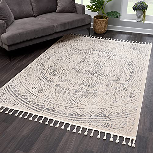 payé Teppich Wohnzimmer Mandala mit Fransen Deko Boho - Beige Grau - 200x290cm - Kurzflor Schlafzimmer Flur Dekoration Läufer - Orientalische Teppiche