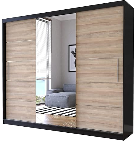 Fabryka Mebli Idźczak Kleiderschrank mit Spiegel, Schiebetüren - Schwebetürenschrank, Schlafzimmerschrank - 61 x 233 x 218 cm - Schrank für Schlafzimmer, Ankleidezimmer, Garderobe - Grau, Sonoma