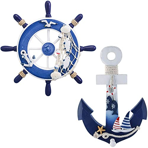 2 Stück Steuerrad Holz Anker Dekoration Wand Deko Maritime Hängende für Mediterrane, Nautische Räume, Party-Dekoration,an Der Wand Montiert