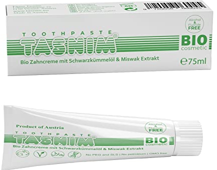Bio Zahncreme Tasnim® – 75ml mit Zahnbürstenbaum Extrakt & Bio Schwarzkümmelöl, 100% Natürlich, ohne Fluorid, ohne PEG und SLS, GMO Frei, ohne Gluten, Alkoholfrei, Zertifiziert als Biokosmetika