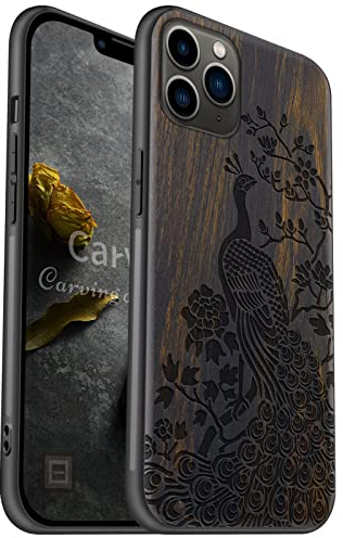 Carveit Coque Compatible avec iPhone 11 Pro Max Étui en Bois [Etui en Bois Rigide Antichoc avec Cadre en TPU] Téléphone Étui pour 11 Pro Max Case Coque (Bois Sombre-Paon élégant)
