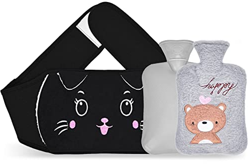 Wearable Hot Water Bottle Warm PVC Hot Water Bottle Pouch with Soft Plush Hand Waist Warmer Cover 1000ml - Black Kat