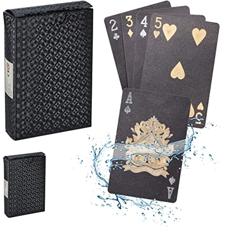 Relaxdays Pokerkarten Set, wasserfest, 2 Pokerdecks à 54 Karten, Plastik Spielkarten, mit Joker, Kartenspiel, schwarz