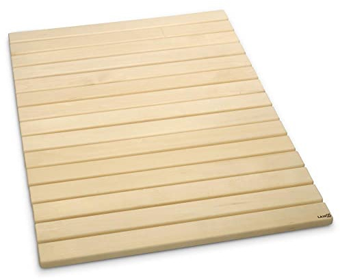 LaJa26 Sauna Bodenmatte 80x60x2 cm - FSC Espenholz - Rollbar - Rutschfest - Verbunden mit einem flexiblem Gummiband - Beständig gegen Wärme und Luftfeuchtigkeit - Fertig montiert - Made in Europe