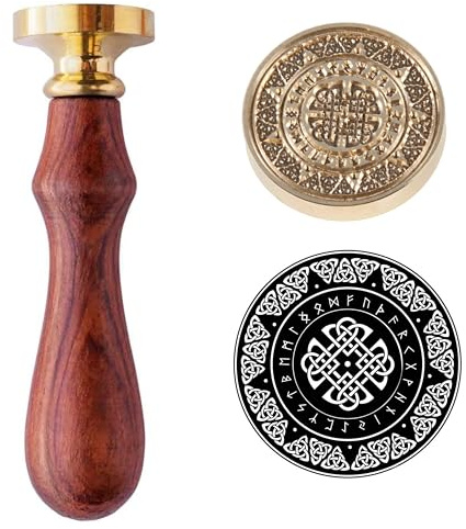Siegelwachsstempel im Vintage-Stil, keltischer Knoten, keltischer Schild, verziert mit altem europäischen Muster, nordische Wikingerrabe, Runen, Vegvisir-Amulett, 54 g, 25 mm Kopf mit Holzgriff