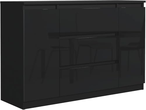 meble masztalerz Kommode 120, 3 Schublade, 2 Türen, Schwarz Hochglanz Front | Kommodenschrank 120, 4x78, 2x39 cm, Moderne Schubladenschrank, Sideboard für Wohnzimmer, Flur & Schlafzimmer