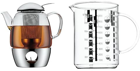 WMF SmarTea Teekanne mit Stövchen Set 3-teilig, Cromargan Edelstahl, Glaskanne 1l mit Siebeinsatz und Stövchen, spülmaschinegeeignet & Gourmet Glas Messbecher 1l, hitzebeständiges Glas