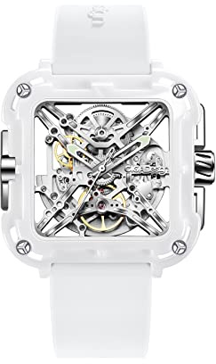 CIGA Design Montre Automatique Femme - Série X Machina SUV Montre Bracelet Céramique Style de Mode Squelette en Cristal Saphir avec Boîte-Cadeau et Bracelet en Silicone(Blanc)