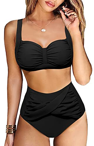 Vancavoo Costumi da Bagno 2 Pezzi Donna Push Up Costume da Bagno Due Pezzi Vita Alta Bikini Set Spalline Regolabile Costume Mare Spiaggia Beachwear Swimsuit,Nero,L