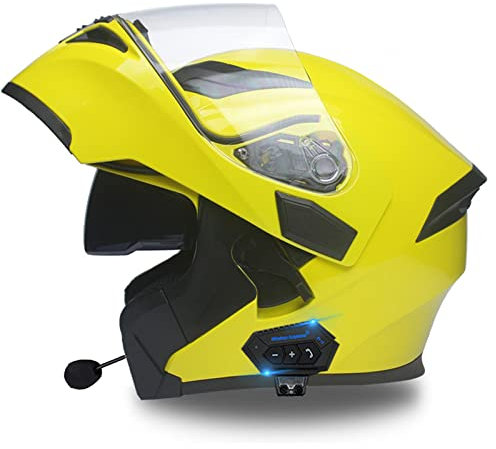 Casco De Motocicleta Bluetooth Casco De Motocicleta Con Tapa De Cara Completa Con Micrófono Aprobado Por DOT / ECE Cancelación De Ruido Con Visera Doble Antivaho Hombres Y Mujeres Adultos,Amarillo,XL