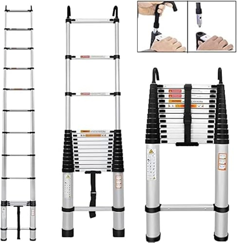 5M/16.5FT Telescopic Extension Ladder with Roof Hook Aluminium Multi-Purpose Folding Portable Heavy Duty Ladder with Non-Slip Feet EN131 Safe Standard Telescopic Ladder Step Ladder 330lbs Max Load