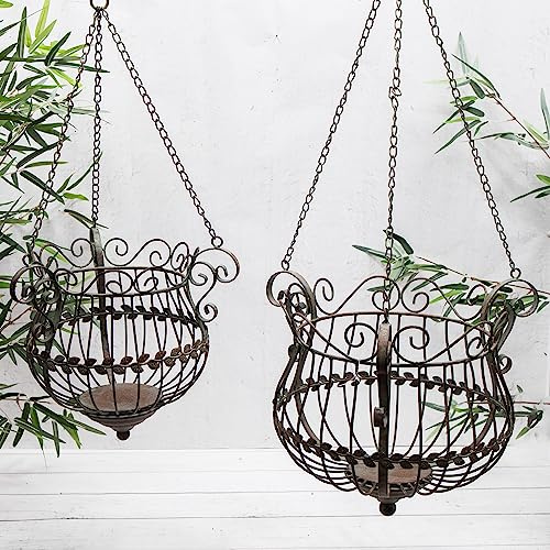 Metal Vintage Antique Green Ornate Metal Hanging Basket - Available in Two Sizes (Large)