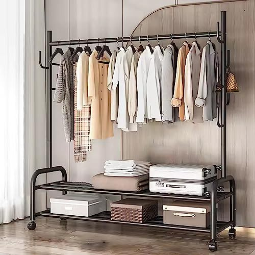 Schwerlast Kleiderständer Auf Rollen Metall Kleiderstange Multifunktionaler Mobiler Garderobenständer Mit Schuhregal Und 7 Haken for Schlafzimmer, Flur, 120/150 * 37 * 165cm
