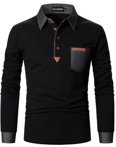 UUAISSO Poloshirt Herren Langarm Polo Shirts Baumwolle Farbe Nähen Tasche T-Shirt Slim Fit Golf Schwarz L